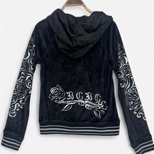 Y2K Black Velour BCBG Grungy Rose Art Hoodie